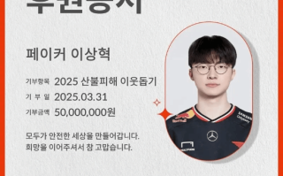 优质偶像！Faker为韩国山火灾后重建捐款5000万韩元 ！