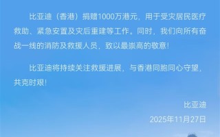 比亚迪捐赠1000万港元 驰援香港大埔火灾救援 ！