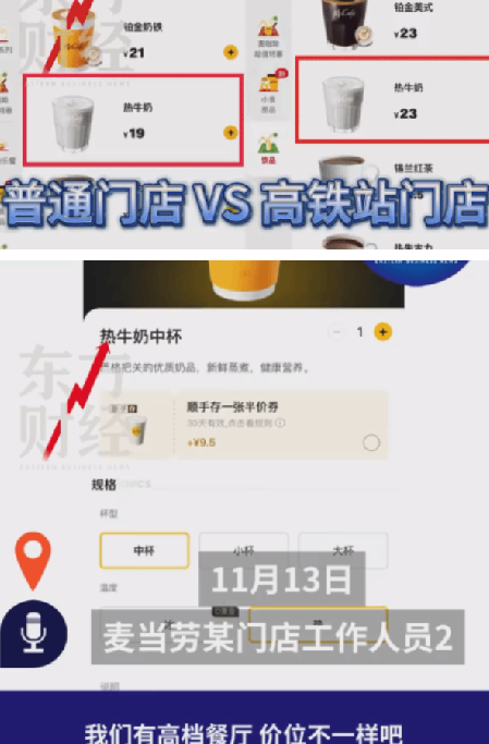 网友吐槽麦当劳牛奶1杯23元！工作人员：低价餐厅和高价餐厅都会有区别的，商圈不同价格也会不同 ！-第1张图片