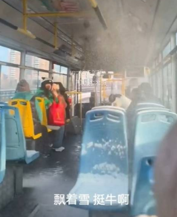 东北公交车内下雪乘客淡定乘坐 ！网友:雪国公交，气氛感杠杠滴！-第1张图片