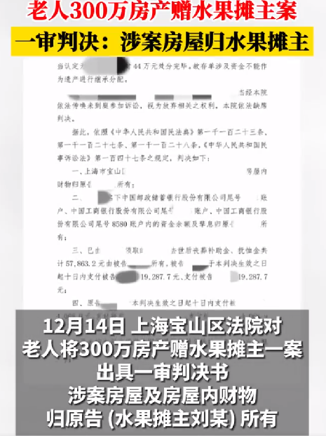 上海老人将房产送给水果摊主案判决：涉案房屋归水果摊主 ！-第1张图片