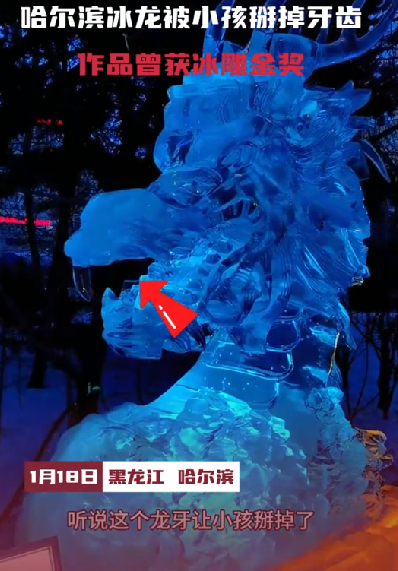 哈尔滨巨龙冰雕被游客掰掉牙齿：作品曾获冰雕金奖 ！-第1张图片
